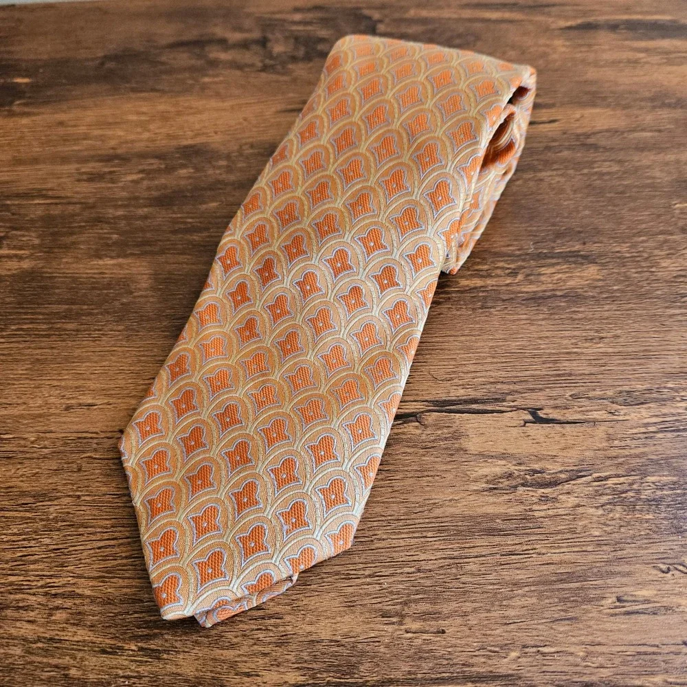 Ted Baker London Mens Orange Scalloped Ogee Jacquard Pattern Silk Necktie USA - Picture 3 of 7